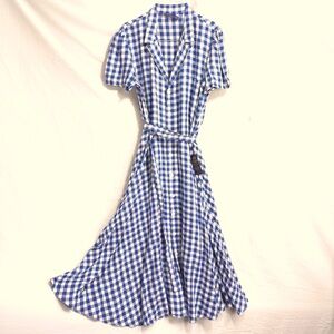 Polo by Ralph Lauren Blue White Gingham 100% Linen Midi Dress Old Money Sz 8